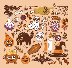 Charming Halloween Illustration featuring various Spooky Icons and delightful elements. Set of vector illustrations in sketch style. Potion, skull, zombie, witch hat, ghosts other creepy characters.
