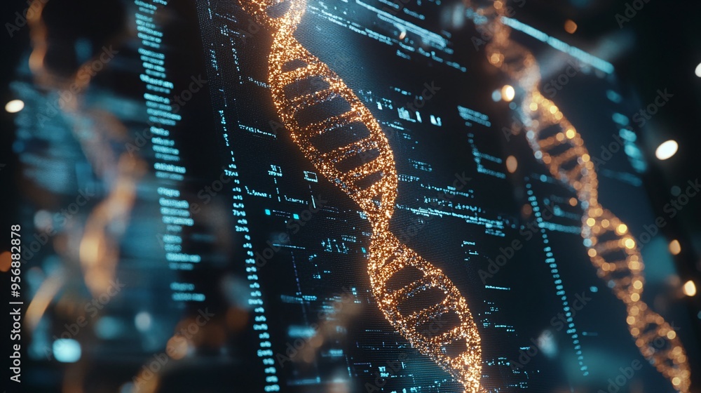 Poster a glowing dna double helix is displayed on a digital screen, surrounded by abstract data and lines.