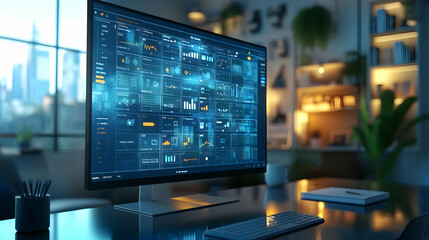 Fototapeta premium Social media manager scheduling posts on a glossy content calendar in a flexible workspace concept as Camera movement Zoom into the screen displaying a social media content calendar with scheduled pos