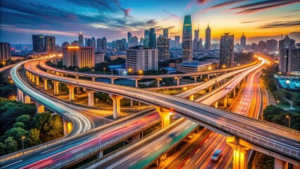 Naklejka premium Busy metropolitan highway intersection at dusk with blurred headlights and taillights of speeding vehicles, concrete dividers, and cityscape skyline in the background.