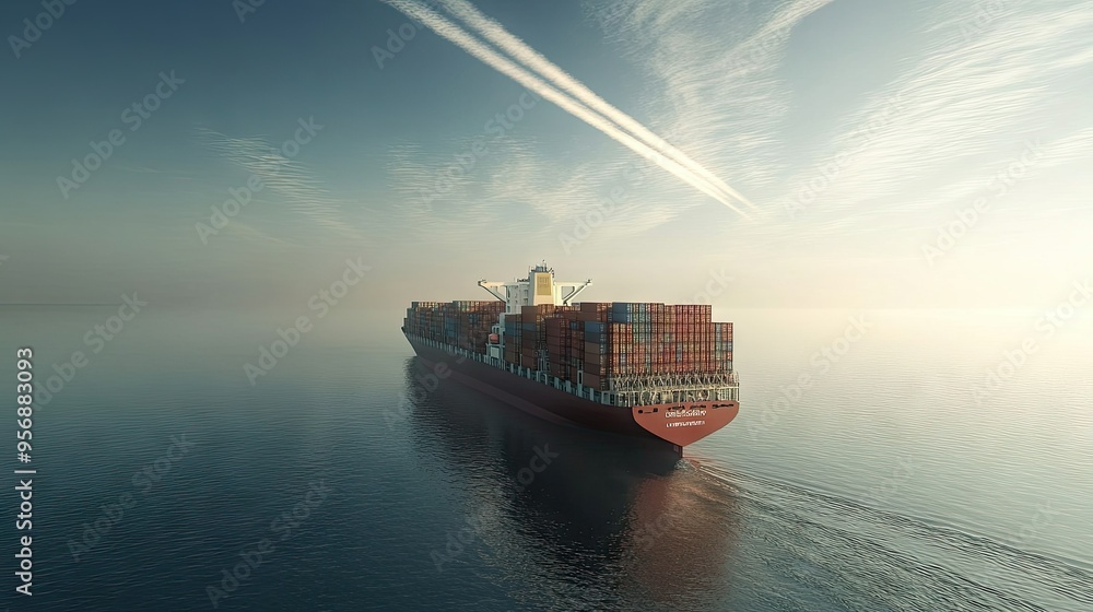 Poster express cargo container ship in the ocean with a visible contrail, loaded with containers. this imag