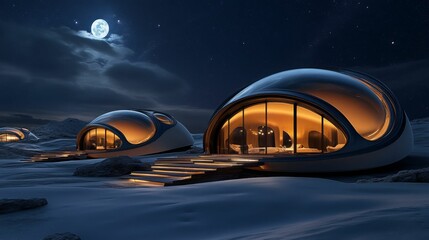Obraz premium A futuristic dome house in a snowy landscape under a starry night sky, with a warm interior glow creating a striking contrast against the cold surroundings.