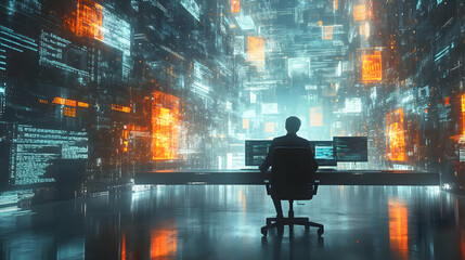 Software developer coding in a glossy abstract virtual meeting concept as Camera movement Pan across the screen showing coding activities with a glossy abstract interface. Scene A tech focused workspa