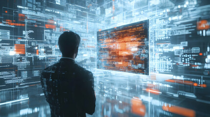 Software developer coding in a glossy abstract virtual meeting concept as Camera movement Pan across the screen showing coding activities with a glossy abstract interface. Scene A tech focused workspa