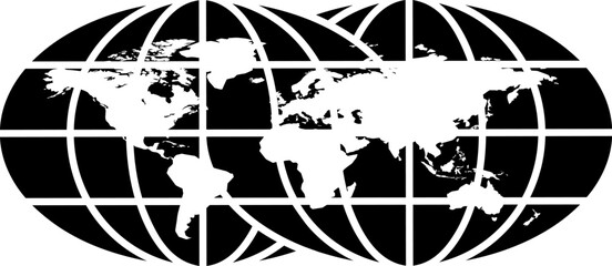Black and white global map icon featuring dual hemispheres