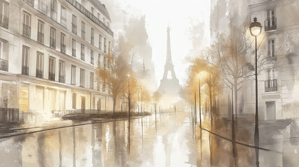 Naklejka premium A serene Paris street scene featuring the Eiffel Tower, illuminated by soft light and reflected in the rain-soaked pavement.
