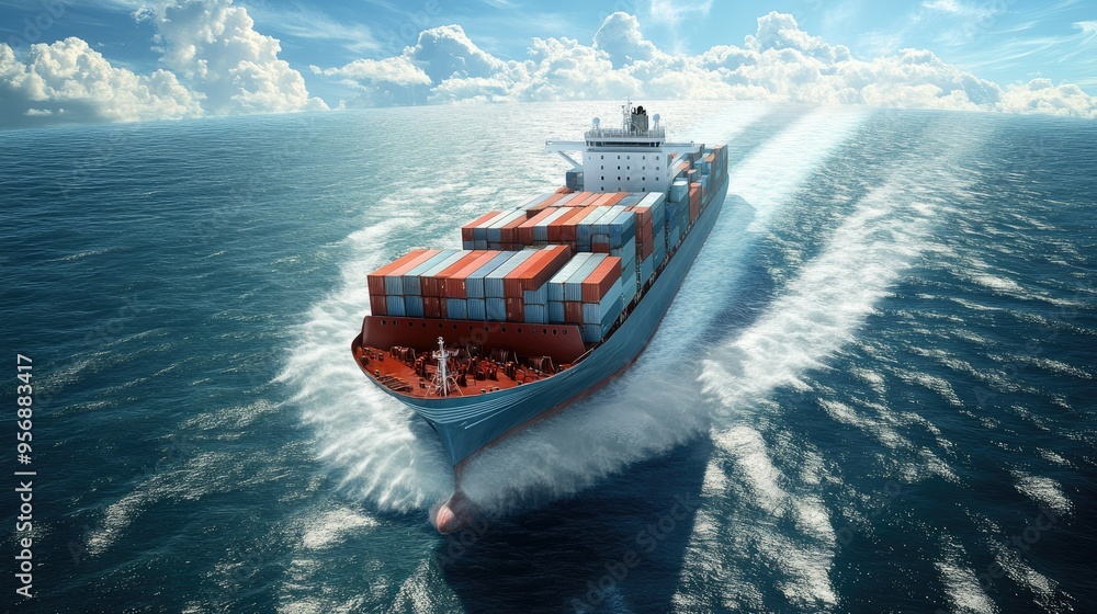 Poster express cargo container ship with contrail cutting through the ocean. the vessel is loaded with cont