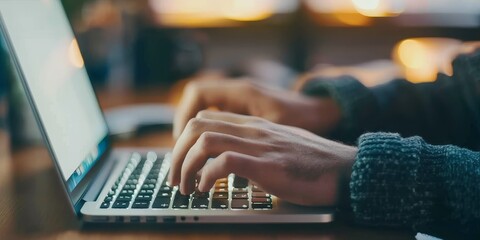 Close-up of hands typing on a laptop keyboard, brainstorming new ideas