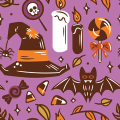 Obraz premium Halloween Themed Illustrations featuring Candy along with Spooky Elements and Details. Seamless pattern for wallpaper, fabric, wrapping, background.