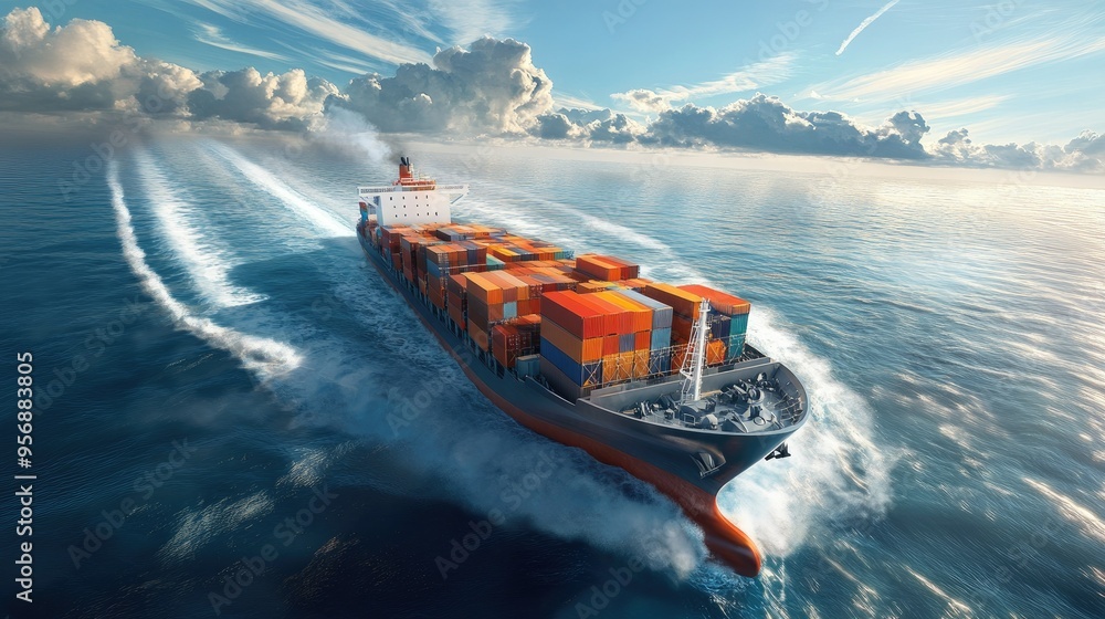Poster express cargo container ship with contrail cutting through the ocean. the vessel is loaded with cont