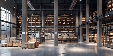 Fototapeta premium Industrial warehouse interior filled with shelves of goods, logistics and storage management