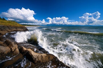 Fototapeta premium Ocean scenery, crashing waves, endless horizon invite peace and contemplation by the shore