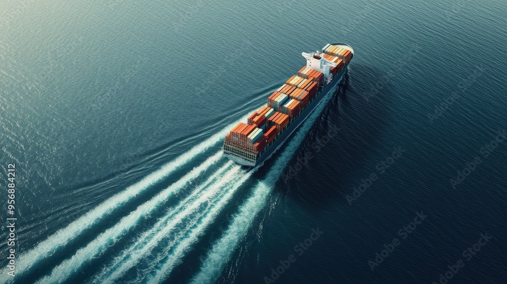 Poster express cargo container ship with contrail cutting through the ocean. the vessel is loaded with cont