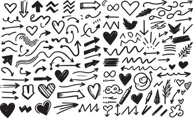 Line shape marker underline, arrow, heart brush element set. Hand drawn sketch marker underline shape, arrow, heart scribble brush pen stroke element. ..
