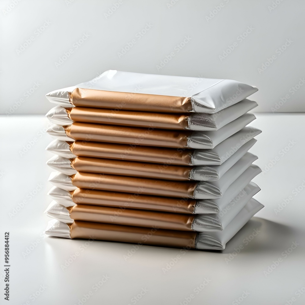 Poster a stack of neatly arranged. individually wrapped. chocolate bars.