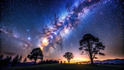 Celestial night scene featuring a vast star-filled sky above a serene landscape with silhouetted trees, captured in mesmerizing detail under a blanket of darkness.