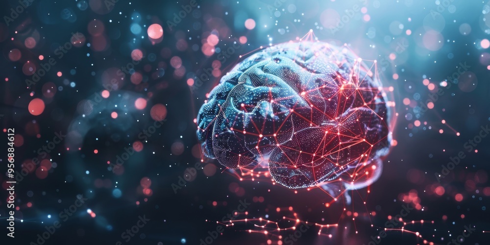 Poster A brain with a double exposure of network connections, emphasizing the concept of artificial intelligence
