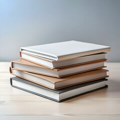 A stack of four hardcover books on a wooden table. featuring a white book on top. perfect for showcasing your own cover design or branding.