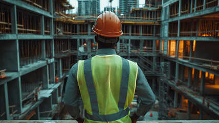 Fototapeta premium Construction worker observing building progress at a busy urban site during twilight hours