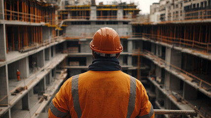 Fototapeta premium Construction worker observes building progress at a construction site during a cloudy day