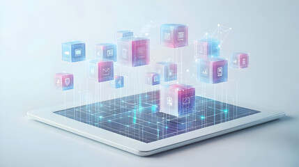 Tablet with holographic screen sharing icons and copy space isolated on white balance concept as Camera movement Focus on the tablet screen displaying glowing holographic screen sharing icons. Scene C