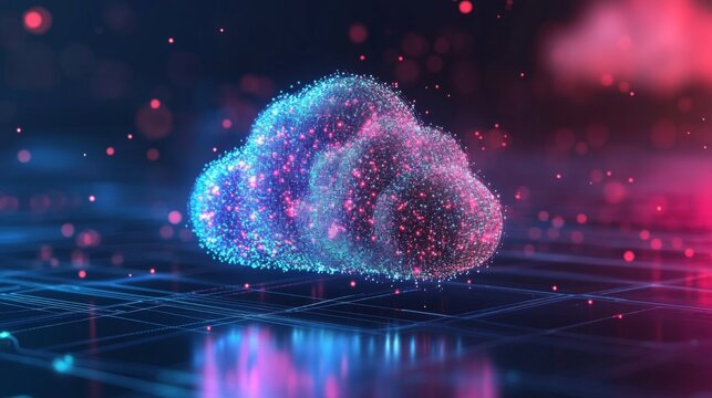 Abstract cloud computing concept with a glowing cloud symbol on a digital grid background.