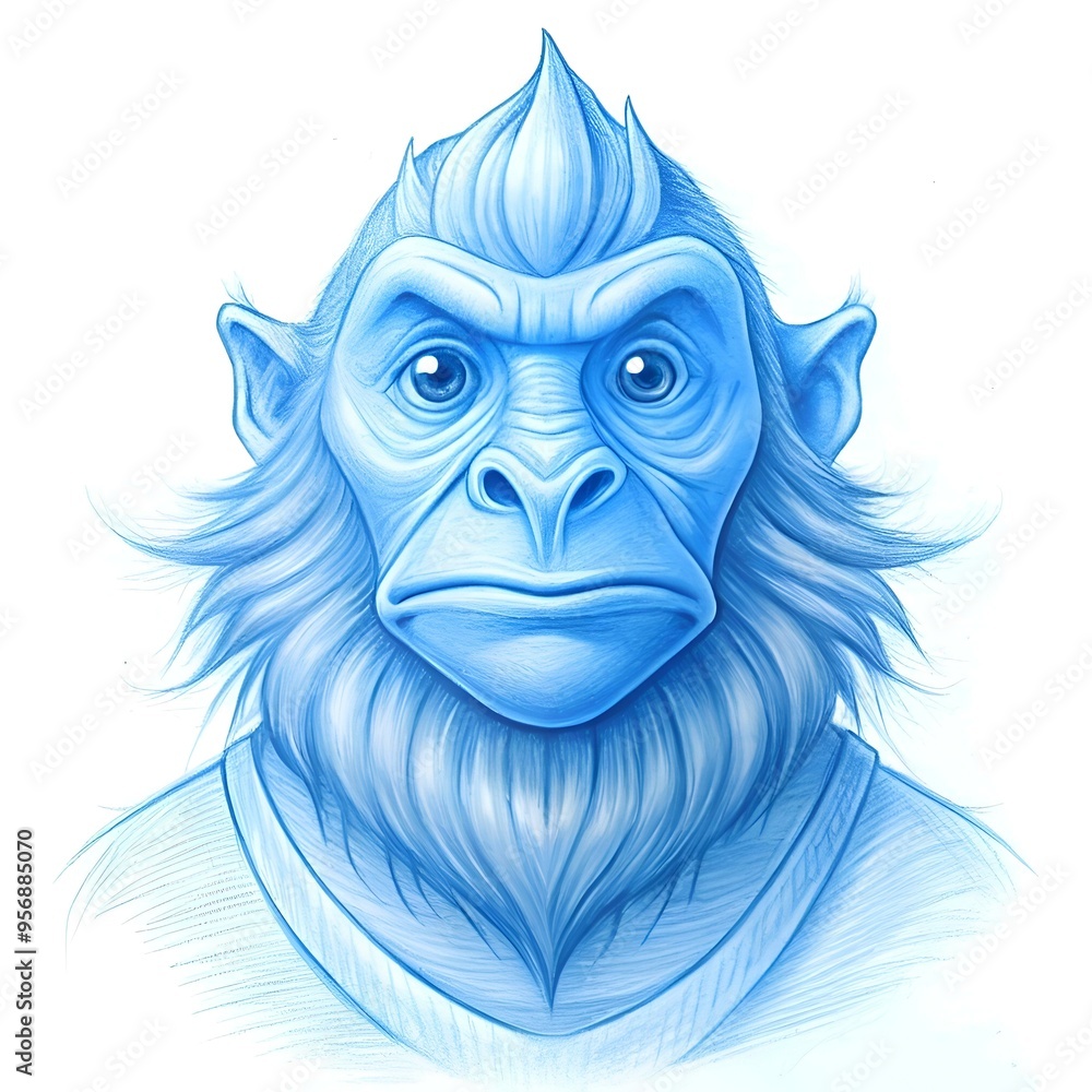 Poster a 3d illustration of a blue. pensive monkey with a distinctive mohawk and a thoughtful expression.