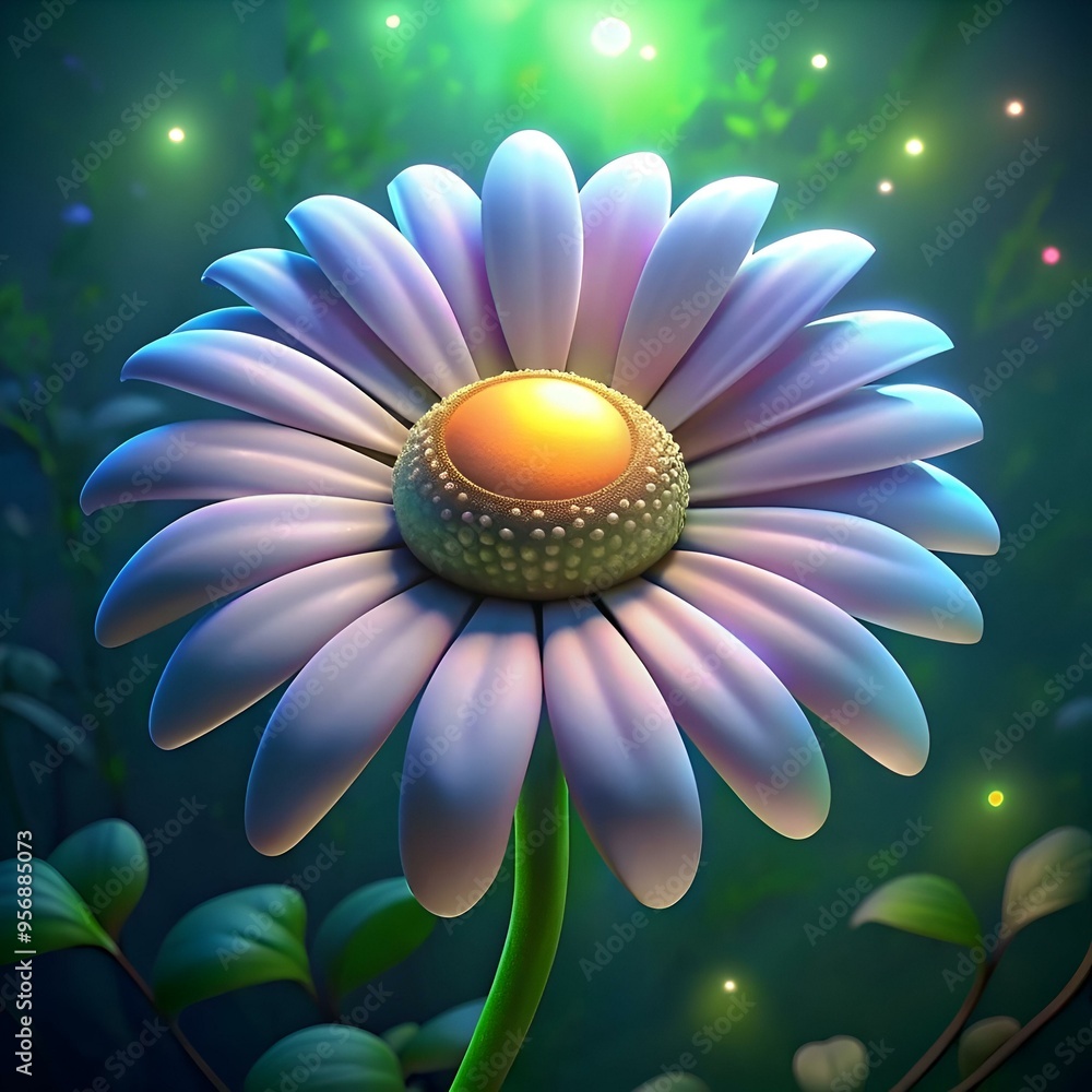 Poster a whimsical. 3d rendered daisy glows with a soft light. surrounded by a magical blur of fireflies.