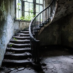 A haunting image of an abandoned, decaying spiral staircase in an old, dilapidated building with natural light pouring through the broken window.