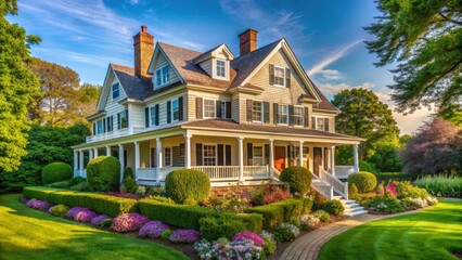 Charming coastal New England-style residence with clapboard siding, shutters, and a wraparound porch, set amidst lush greenery on a sunny day in Rhode Island.