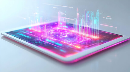 Fototapeta premium Tablet with holographic team collaboration tools and copy space isolated on white balance concept as Camera movement Focus on the tablet screen displaying glowing holographic team collaboration tools.