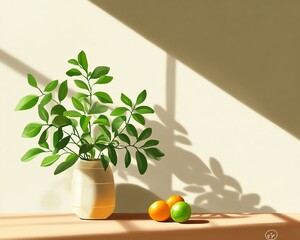 A serene still life composition featuring a potted green plant and citrus fruits on a sunlit surface with soft shadows.