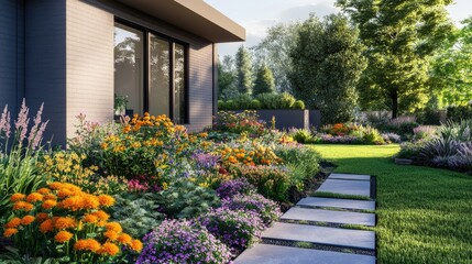 Facade of a cozy home with a vibrant front yard garden, featuring diverse flowers and a sleek concrete path. Ideal for residential design inspiration.