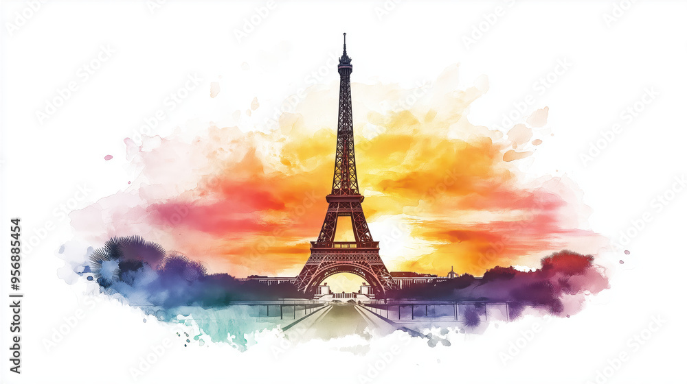 Wall mural A vibrant watercolor illustration of the Eiffel Tower against a colorful sunset backdrop, capturing the essence of Parisian beauty.