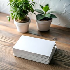A stack of blank white business cards sits on a rustic wooden table. surrounded by soft focus greenery.