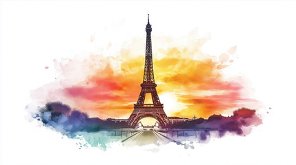 A vibrant watercolor illustration of the Eiffel Tower against a colorful sunset backdrop, capturing the essence of Parisian beauty.