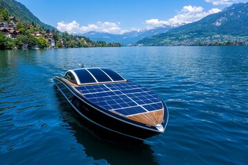 Obraz premium Photovoltaic cells, marine applications, solar-powered boats navigate waterways with zero emissions