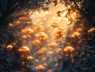 Naklejka premium Enchanted Forest with Glowing Jellyfish Under Golden Rays