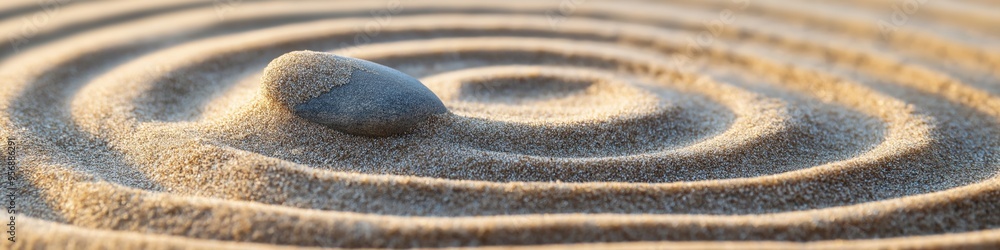 Poster a small rock is sitting in the center of a sand circle. the circle is smooth and round, with no visi