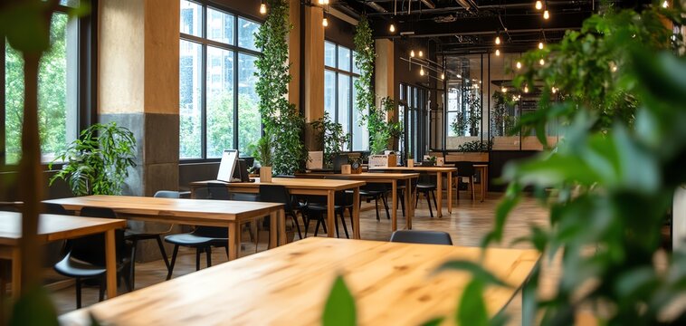 Modern coworking space with wooden tables, chairs, lush greenery, and large windows providing ample natural light, ideal for productivity.