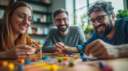 Fototapeta premium Middle-aged friends leaning in, discussing strategies while playing a challenging cooperative game, showcasing teamwork.