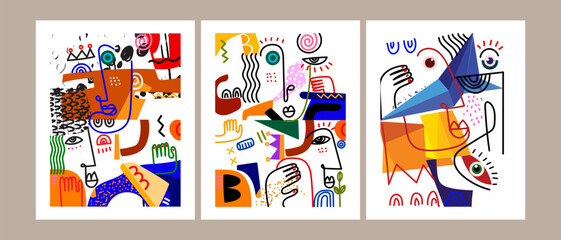 Colorful abstract grunge, rough hand drawn face portrait line art vector illustration background. Brushes, stroke pattern art for decoration, art print, poster, cards, cover, wall art design.