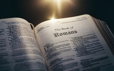 A cinematic shot of an open bible with the book of Romans.