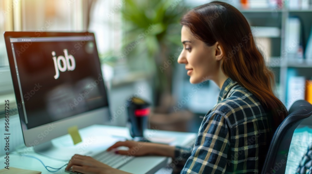 Poster a woman is sitting at a desk with a computer monitor in front of her