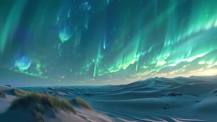 sand dunes bathed in green illumination under a night sky chrome orbs ascending up close