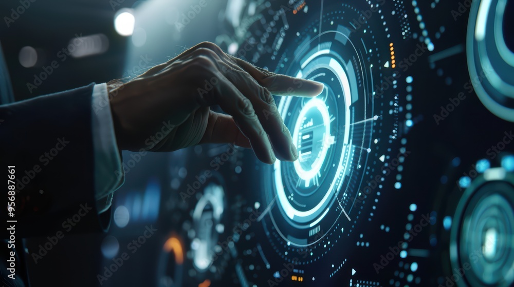 Poster a close-up of a hand interacting with a futuristic digital interface, showcasing advanced technology