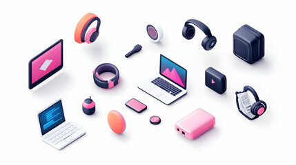 Virtual Meeting Icon Set concept as A set of minimalistic icons representing virtual meeting elements like a laptop and headset on a white background perfect for creating a cohesive visual theme for d