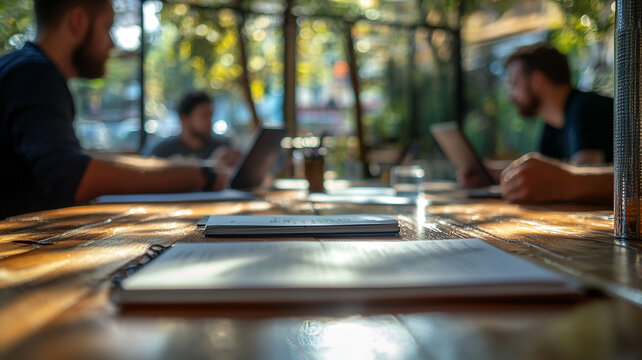 Collaboration among friends in a cozy café surrounded by nature on a sunny afternoon