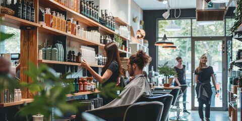 Obraz premium A beauty salon interior with a client getting a haircut, stylists working, and shelves stocked with high-end haircare products, highlighting the professional beauty industry