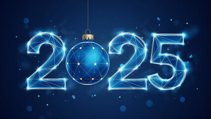 2025 new year concept, futuristic glowing neon digits with illuminated wireframe sphere hanging in dark space background, glittering stars, digital neon art style, 3d illustration